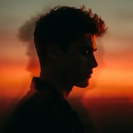 AI generated artistic digital illustration of a young man's silhouette profile with a double-exposure effect against a dramatic orange and red sunset.