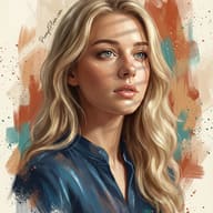Elegant digital illustration of a blonde woman with blue eyes, featuring Venetian blind shadows on her face and a painterly, textured background with teal and orange accents.