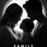 Family Silhouette with Quote AI Photo Editing Prompt. AI generated minimalist studio portrait of a mother, father, and child in silhouette looking at each other against a soft circular backlight.