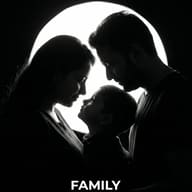AI generated digital silhouette portrait of a father, mother, and young child facing each other against a bright circular glow with a sentimental quote.