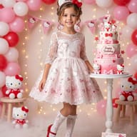 Girl's 7th Birthday Hello Kitty Theme Photography Prompt. AI generated digital portrait of a smiling girl in a pink lace dress standing beside a three-tier cake with festive balloons and Hello Kitty decor.