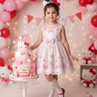 AI generated digital portrait of a young girl in a pink lace dress standing beside a three-tier Hello Kitty cake and festive balloons.
