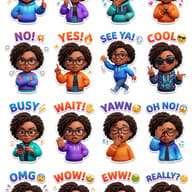 AI generated 3D digital illustration of a curly-haired girl with glasses showcasing sixteen unique facial expressions in a sticker pack layout.