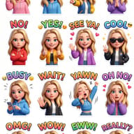 Emotion Sticker Pack Generation Prompt. AI generated digital illustration of a blonde girl character expressing sixteen diverse emotions in a stylized 3D sticker collection with colorful text labels.