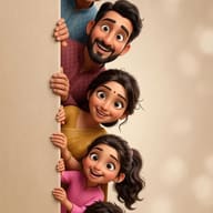 Happy Indian Family Peeking from Wall AI Photo Editing Prompt. AI generated 3D digital illustration of a multi-generational Indian family in vibrant traditional attire peeking playfully from behind a vertical wall with joyful expressions.