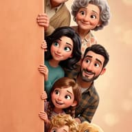 Happy Family Peeking from Wall AI Photo Editing Prompt. AI generated 3D digital illustration of a happy multi-generational family and their golden retriever peeking around a wall.