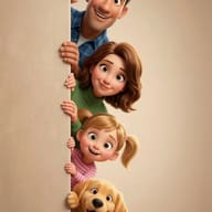 Family and Golden Retriever Peeking AI Photo Editing Prompt. AI generated 3D digital illustration of a smiling cartoon family and their puppy peeking from behind a beige wall.