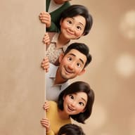 Happy Cartoon Family Peeking from Wall AI Photo Editing Prompt. AI generated 3D digital illustration of a smiling three-generation family peeking vertically from behind a beige wall.