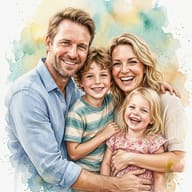 Happy Family Watercolor Portrait Art Prompt. AI generated watercolor illustration of a smiling father, mother, and two young children hugging amidst soft artistic paint splashes.