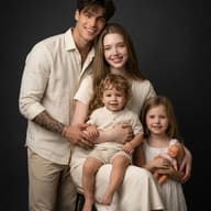 Happy Family AI Photo Editing Prompt. AI generated studio portrait of a smiling family of four wearing cream-colored outfits against a dark background.