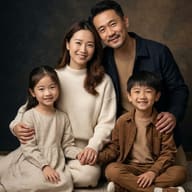Family Studio Portrait AI Photo Editing Prompt. AI generated studio portrait of a smiling Asian family of four wearing coordinated earthy-toned clothing against a textured dark backdrop.