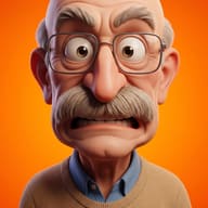 AI generated 3D illustration of a bald older man with glasses and a stressed, gritted-teeth expression on an orange background.
