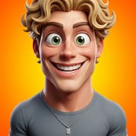 Grinning Exaggerated Avatar AI Photo Editing Prompt. AI generated 3D illustration of a blonde man with a massive, exaggerated smile on an orange background.