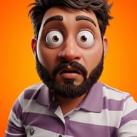 Startled Exaggerated Avatar AI Photo Editing Prompt. AI generated 3D illustration of a bearded man with a wide-eyed, surprised expression in a purple striped shirt on an orange background.