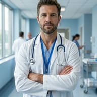 Male Doctor in Hospital Hallway AI Photo Editing Prompt. AI generated photorealistic portrait of a bearded male doctor in a white lab coat and blue scrubs standing with arms crossed in a hospital corridor.