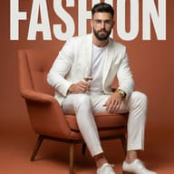 Bearded man in a sharp white suit lounging in a rust-orange chair with wine. Bold "FASHION" text anchors this sleek, high-contrast editorial shot. Minimalist and sophisticated.