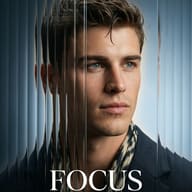 Young Man Behind Refractive Glass Portrait Prompt. AI generated studio portrait of a young man with blue eyes behind vertical glass rods, featuring prominent text 'FOCUS On Me'.