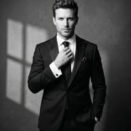 Dapper Man in Black Tuxedo Adjusting Tie AI Photo Editing Prompt. AI generated black and white studio portrait of a handsome man in a black tuxedo adjusting his tie against a textured wall with a window shadow.
