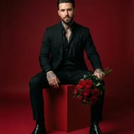 Men's Fashion Prompt. AI generated studio portrait of a tattooed man in a black suit holding red roses while sitting on a red cube.