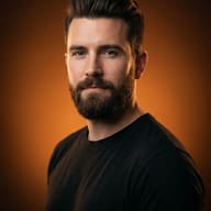 Man in Black T-shirt Profile Photo Prompt. AI generated studio portrait of a groomed man with dark hair wearing a black t-shirt against a solid orange background.