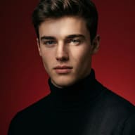 Man in Black Turtleneck on Red Background AI Photo Editing Prompt. AI generated cinematic portrait of a handsome young man wearing a black turtleneck against a deep red studio background.