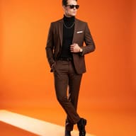 Man in Brown Suit Fashion Photography Prompt. AI generated studio portrait of a stylish man in a chocolate brown suit and black turtleneck posing against a vibrant orange background.