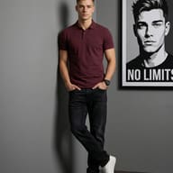 AI generated digital portrait of a young man in a burgundy polo shirt and black jeans leaning against a wall next to a monochrome "No Limits" poster.