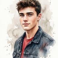 Man in Denim Jacket Watercolor Drawing Prompt. AI generated watercolor portrait illustration of a young man with blue eyes wearing a dark denim jacket over a red t-shirt.