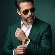 Man Luxury Fashion Photography Prompt. AI generated studio portrait of a bearded man wearing an emerald green suit and gold sunglasses while adjusting his sleeve cuff.