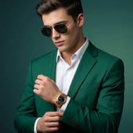AI generated studio portrait of a stylish young man in an emerald green blazer and gold watch adjusting his cuff.
