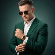 Man in Emerald Green Suit AI Photo Editing Prompt. AI generated studio portrait of a stylish man in a green blazer and sunglasses adjusting his cufflink.