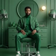 AI generated monochromatic portrait of a man in a green suit sitting in a matching green barbershop with vintage hair salon equipment.