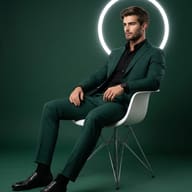 Man in Green Suit on White Chair AI Photo Editing Prompt. AI generated studio portrait of a man in a dark green suit sitting on a white modern chair with a glowing circular halo.