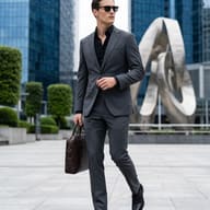 AI generated cinematic portrait of a professional man in a tailored grey suit and sunglasses carrying a leather briefcase in a modern urban setting.
