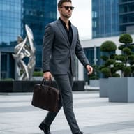 Businessman Walking in Grey Suit AI Photo Editing Prompt. AI generated cinematic lifestyle portrait of a sharp-dressed man in a charcoal suit and sunglasses carrying a leather briefcase through a modern corporate plaza.