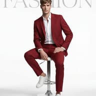Man's Fashion Editorial Prompt. AI generated studio fashion portrait of a man in a maroon suit and white sneakers sitting on a stool against a white background.