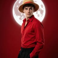 Monkey D. Luffy One Piece Inspired Character AI Photo Editing Prompt. AI generated cinematic portrait of a handsome young man in a red shirt and straw hat posing against a red background with a large glowing moon.