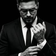 AI generated black and white studio portrait of a bearded man in a suit and glasses meticulously adjusting his shirt cufflink.