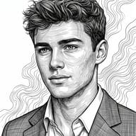 Engraved Young Man Portrait AI Photo Editing Prompt. AI generated detailed line art illustration of a young man with thick wavy hair in a textured blazer, featuring radiating background lines.