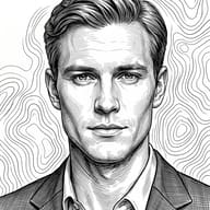 AI generated engraving-style digital illustration portrait of a sharp-looking man in a textured suit, set against a swirling line pattern background.