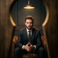 Man in Suit Through Keyhole AI Photo Editing Prompt. AI generated cinematic portrait of a bearded man in a pinstripe suit sitting in a leather armchair, framed within a large keyhole silhouette.
