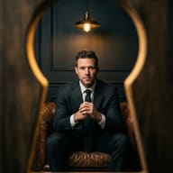 Man in Suit Through Keyhole Frame Cinematic Photo Prompt. AI generated cinematic portrait of a professional man in a pinstripe suit sitting in a leather armchair, viewed through a golden-edged keyhole frame.