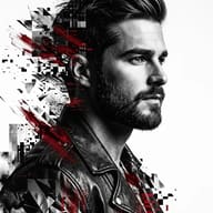 Man Leather Jacket Red Glitch Profile Portrait Prompt. AI generated digital illustration portrait of a bearded man in a leather jacket featuring red abstract glitch effects and geometric fragments.