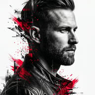 AI generated digital art portrait of a man wearing a leather jacket with high-contrast black and white tones and red digital glitch fragments.