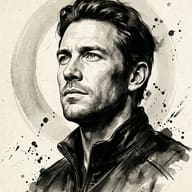AI generated ink wash illustration of a man with dark hair and stubble wearing a black jacket against a circular watercolor background.
