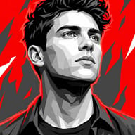 AI generated low-poly digital illustration of a young man looking upward against a sharp red and grey geometric background.