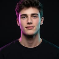 AI generated studio portrait of a young man in a black sweatshirt, illuminated by vibrant pink and teal neon lights against a dark background.