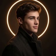 Man with Neon Ring Halo AI Photo Editing Prompt. AI generated cinematic studio portrait of a young man in a dark high-collar coat featuring a glowing golden neon circle background.