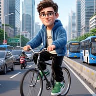 Cyclist in City Traffic AI Photo Editing Prompt. AI generated digital illustration of an animated young man with glasses and a blue fuzzy hoodie riding a black bicycle on a busy city street with Transjakarta buses.