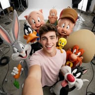 Man with Looney Tunes Selfie Prompt. AI generated digital illustration of a smiling young man taking a selfie with 3D Looney Tunes characters in a professional photography studio.